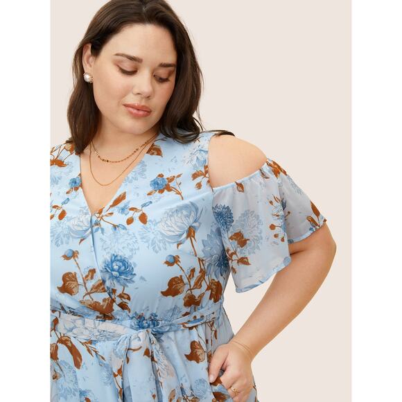 Size 28 5X Plus Size BloomChic Wrap Mesh Ruffle Sleeve Floral Dress - Picture 3 of 7